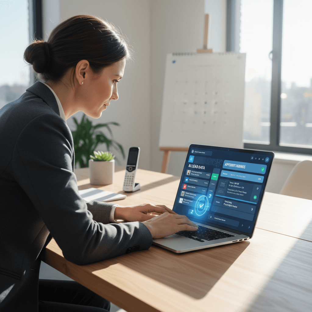 Business owner reviewing AI lead generation dashboard on laptop