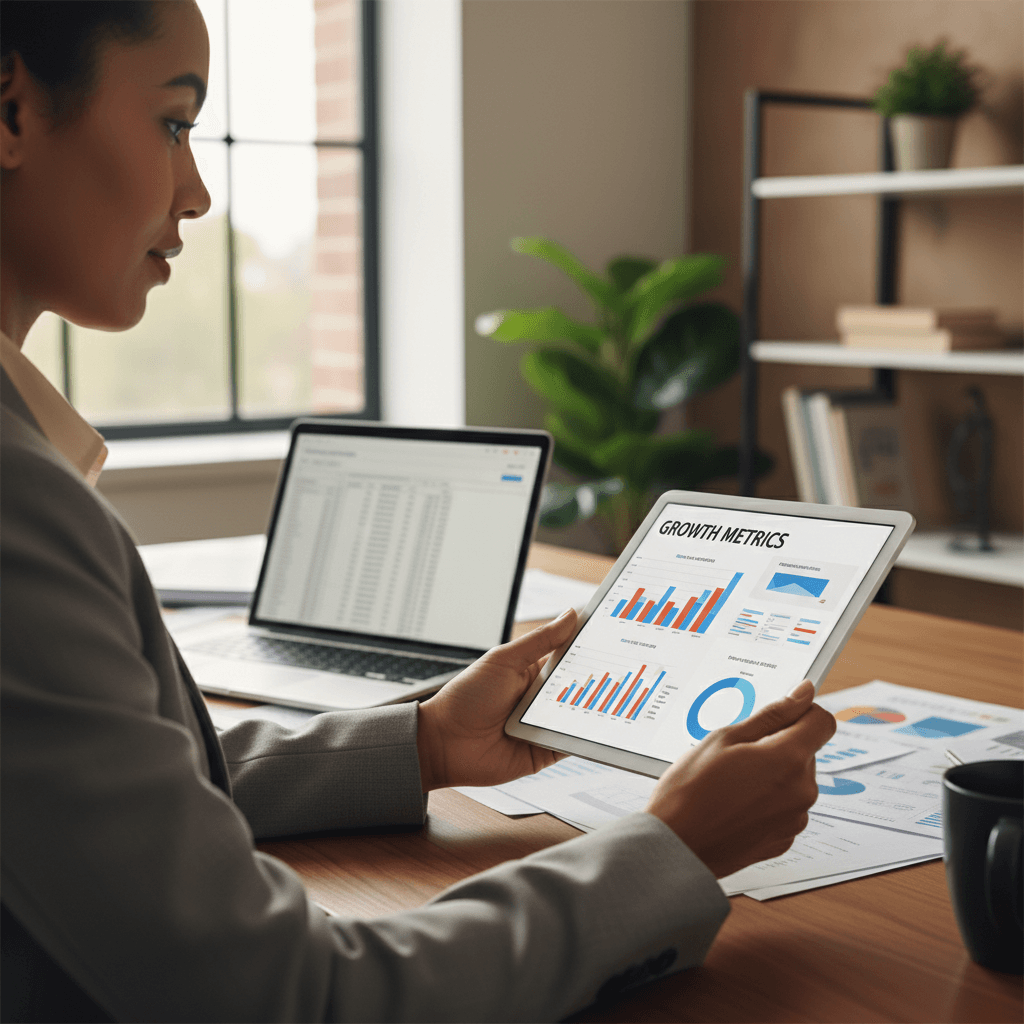 Business owner reviewing successful appointment metrics